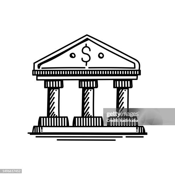 bank building line icon, sketch design, pixel perfect, editable stroke. logo, sign, symbol. banking, finance, money, coin, investment. - building sketch stock illustrations
