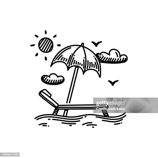 sonnenschirm-liniensymbol, skizzendesign, pixelgenau, bearbeitbarer strich. logo, zeichen, symbol. meer, sand, sonne, hotel, reisen, sonnenbaden, strand. - umbrella sun stock-grafiken, -clipart, -cartoons und -symbole