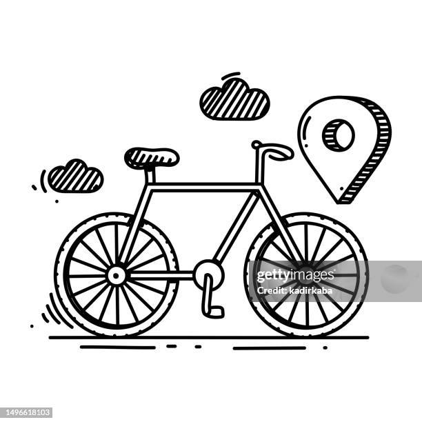 bicycle and exercise route line icon, sketch design, pixel perfect, editable stroke. logo, sign, symbol. exercising, sport. - bike route sign stock illustrations