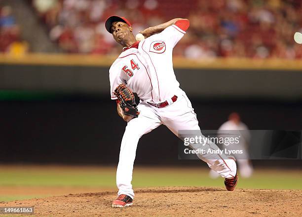 Aroldis Chapman of the Cincinnati Reds throws a pitch during the game against the San Diego Padres at Great American Ball Park on August 1, 2012 in...