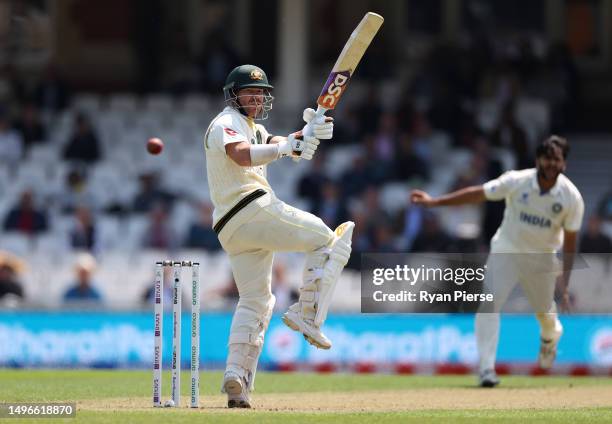 David Warner of Australia edges and is caught by KS Bharat of India off the bowling of Sharldul Thakur of India during day one of the ICC World Test...