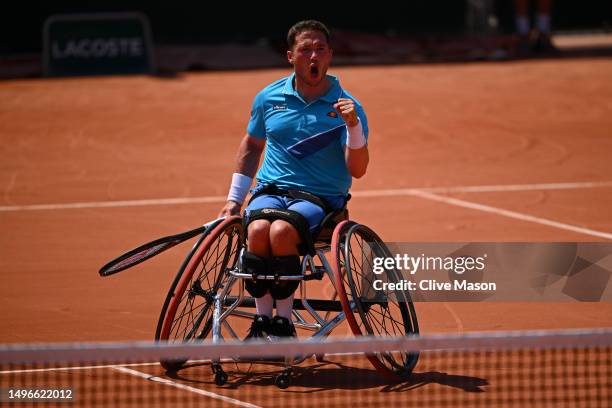 Alfie Hewett of Great Britain celebrates a point against Gordon Reid of Great Britain during the Men's Wheelchair Singles Quarter Final match on Day...