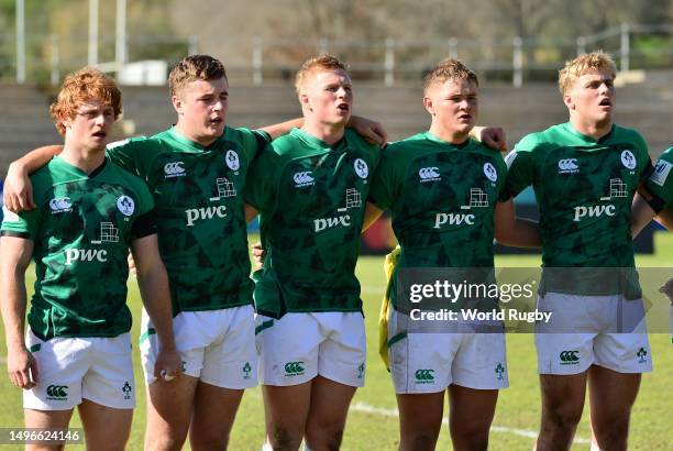 Players singing the national anthems during the World Rugby U20 Championship 2023, group B match between Ireland and Fiji at Danie Craven Stadium on...