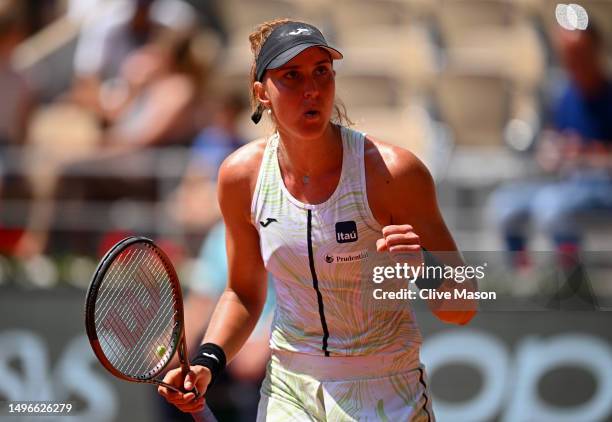 Beatriz Haddad Maia of Brazil celebrates a point against Ons Jabeur of Tunisia during the Women's Singles Quarter Final match on Day Eleven of the...