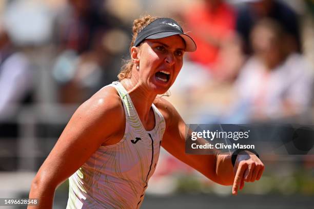 Beatriz Haddad Maia of Brazil celebrates a point against Ons Jabeur of Tunisia during the Women's Singles Quarter Final match on Day Eleven of the...