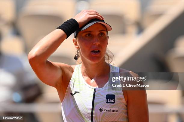 Beatriz Haddad Maia of Brazil celebrates winning match point against Ons Jabeur of Tunisia during the Women's Singles Quarter Final match on Day...