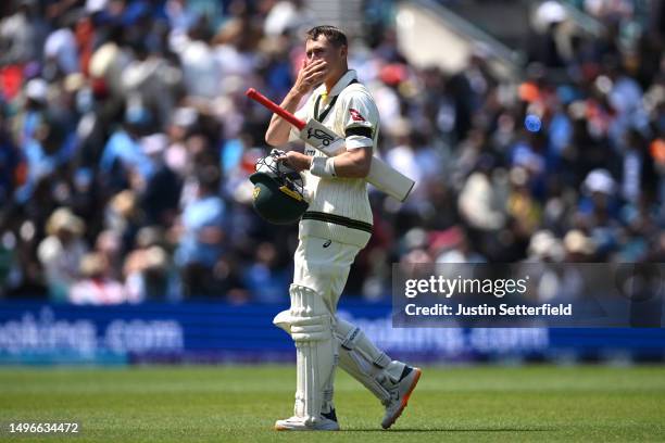 Marnus Labuschagne of Australia reacts after being bowled out by Mohammed Shami of India during day one of the ICC World Test Championship Final...