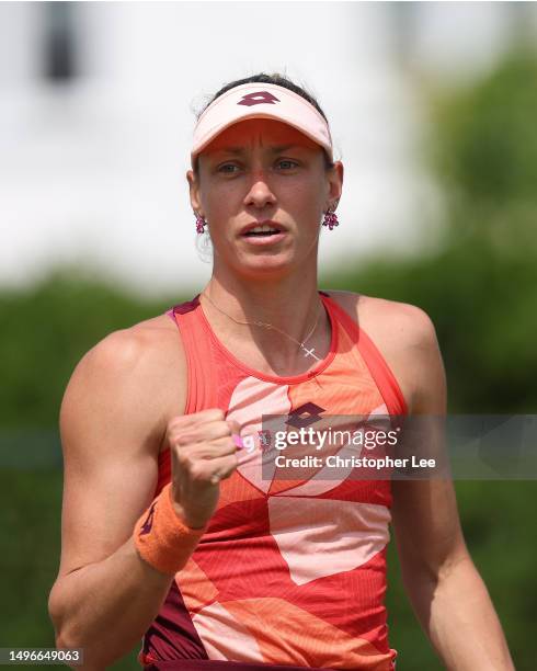 Yanina Wickmayer of Belgium in action against Naiktha Bains of Grteat Britain during the 2023 ITF World Tennis Tour W100 Surbiton at Surbiton Racket...