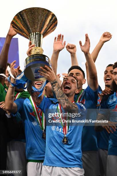 Matteo Politano of Napoli lifts the Serie A trophy following the Serie A match between SSC Napoli and UC Sampdoria at Stadio Diego Armando Maradona...