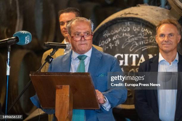 The president of the Real Sociedad de Carreras de Caballos de Sanlucar, Rafael Hidalgo, takes part in the presentation of the poster of the Horse...