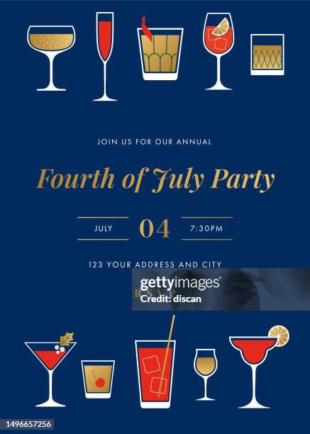 ilustrações de stock, clip art, desenhos animados e ícones de fourth of july cocktail party invitation. - 4th of july with wine