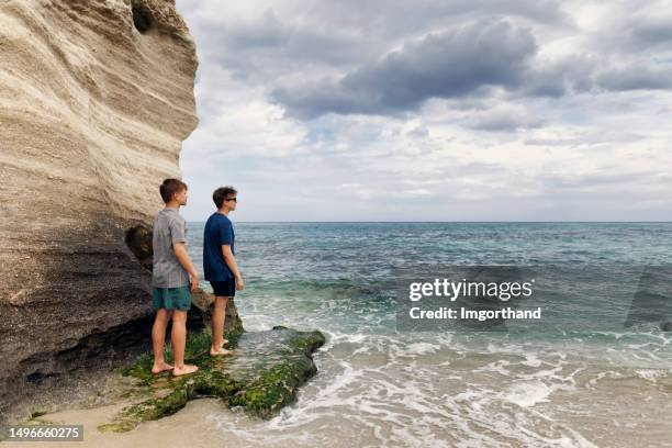 two teenage boy looking at the sea on beautiful beach - teen boy barefoot stock pictures, royalty-free photos & images