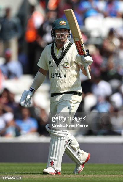 Travis Head of Australia celebrates after reaching his half century during day one of the ICC World Test Championship Final between Australia and...