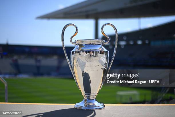 The Champions League trophy is seen at the Ataturk Olympic Stadium ahead of the UEFA Champions League 2022/23 final between Manchester City and Inter...