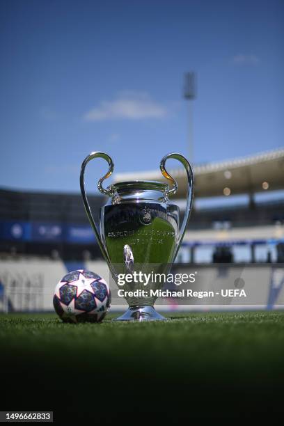 The Champions League trophy and official match ball are seen at the Ataturk Olympic Stadium ahead of the UEFA Champions League 2022/23 final between...