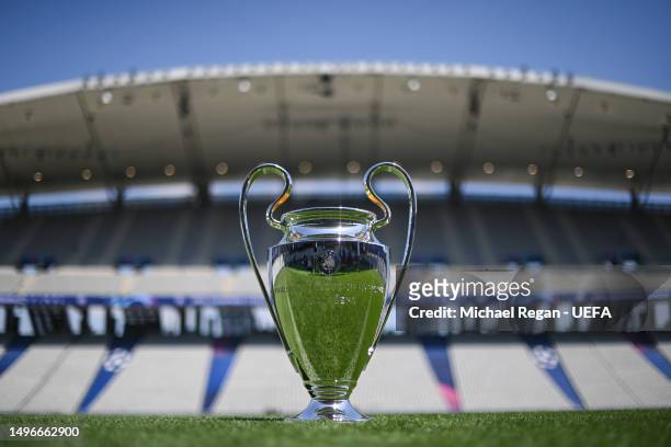 The Champions League trophy is seen at the Ataturk Olympic Stadium ahead of the UEFA Champions League 2022/23 final between Manchester City and Inter...