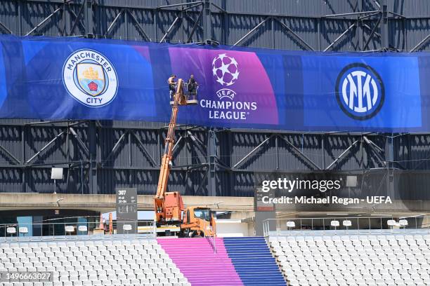 Branding is installed at the Ataturk Olympic Stadium ahead of the UEFA Champions League 2022/23 final between Manchester City and Inter Milan on June...