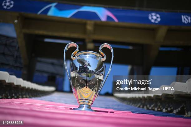 The Champions League trophy is seen at the Ataturk Olympic Stadium ahead of the UEFA Champions League 2022/23 final between Manchester City and Inter...