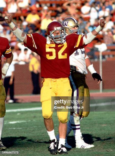 Linebacker Jack Del Rio celebrates final seconds with win over University of Washington at Los Angeles Coliseum, November 10, 1984 in Los Angeles,...