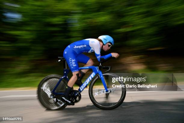 Rudy Porter of Australia and Team Jayco AlUla sprints during the 75th Criterium du Dauphine 2023, Stage 4 individual time trial from Cours to...