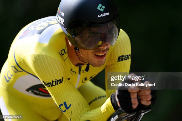 Christophe Laporte of France and Team Jumbo-Visma - Yellow leader jersey sprints during the 75th Criterium du Dauphine 2023, Stage 4 individual time...