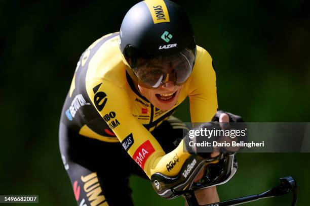 Jonas Vingegaard of Denmark and Team Jumbo-Visma sprints during the 75th Criterium du Dauphine 2023, Stage 4 individual time trial from Cours to...