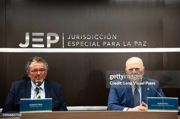 Colombia's Special Jurisdiction for Peace president Roberto Carlos Vidal and International Criminal Court prosecutor Karim Khan speak at Colombia's...