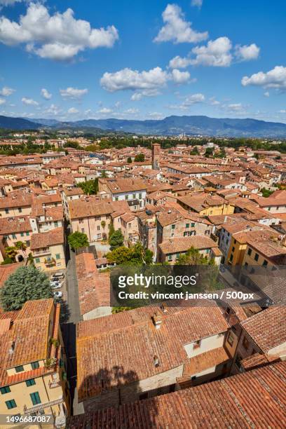 high angle view of townscape against sky,lucca,tuscany,italy - church tower restoration appeal stock pictures, royalty-free photos & images