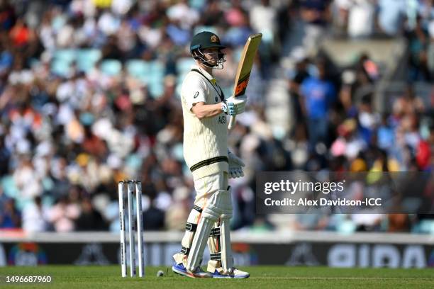 Steven Smith of Australia salutes the crowd after reaching a half century during day one of the ICC World Test Championship Final between Australia...