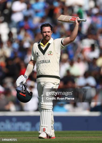 Travis Head of Australia celebrates after reaching his century during day one of the ICC World Test Championship Final between Australia and India at...