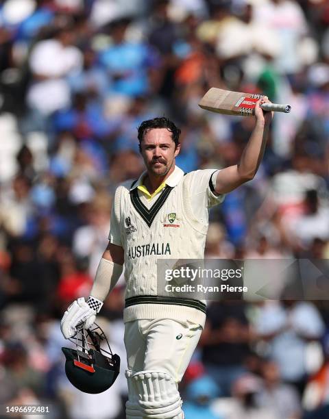 Travis Head of Australia celebrates after reaching his century during day one of the ICC World Test Championship Final between Australia and India at...