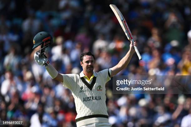 Travis Head of Australia salutes the crowd after scoring a century during day one of the ICC World Test Championship Final between Australia and...