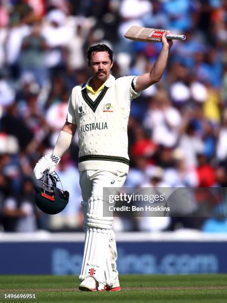 Travis Head of Australia celebrates reaching his century during day one of the ICC World Test Championship Final between Australia and India at The...