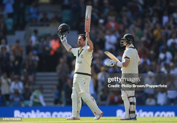 Travis Head of Australia celebrates his century with Steve Smith during day one of the ICC World Test Championship Final between Australia and India...