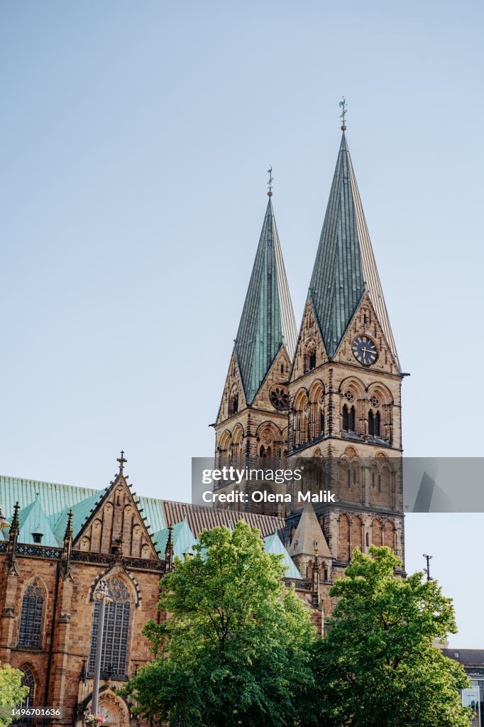 View on Bremen Cathedral, Bremer Dom or St. Petri Dom zu Bremen at Market Square in Bremen, Germany