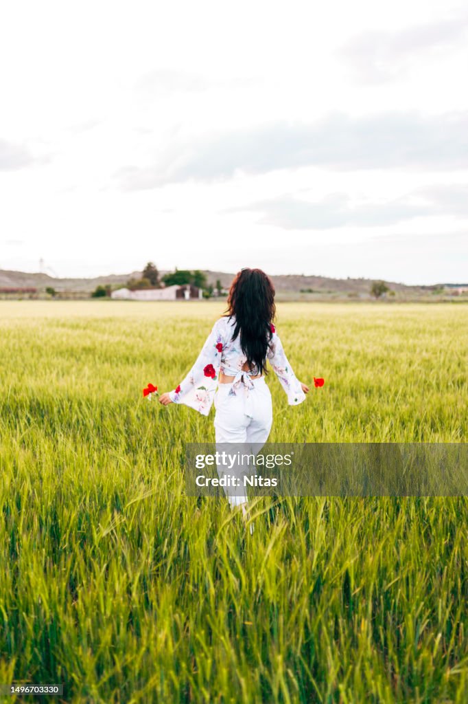 Woman on her back with poppy flowers in the green cereal field at springtime