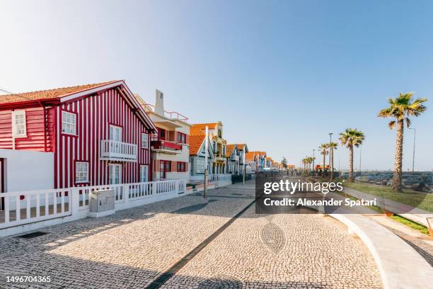 multi-colored vibrant traditional striped houses  in costa nova, aveiro, portugal - aveiro stockfoto's en -beelden