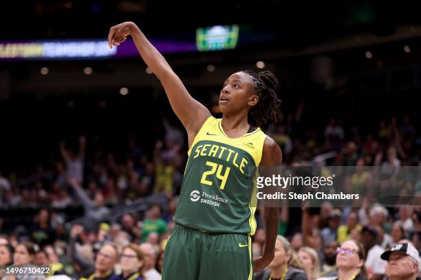 Jewell Loyd of the Seattle Storm shoots against the Los Angeles Sparks during the third quarter at Climate Pledge Arena on June 06, 2023 in Seattle,...