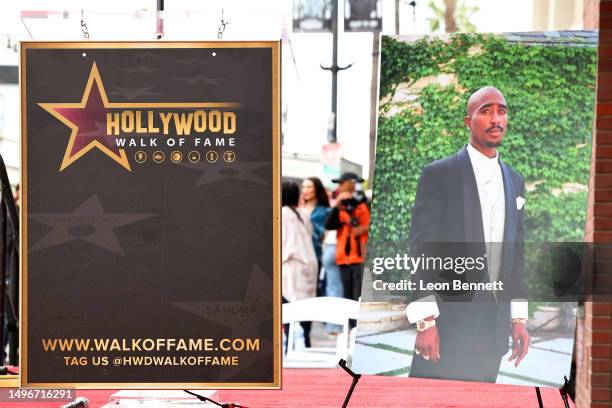 View of the stage is seen during the ceremony honoring Tupac Shakur with a posthumous Star on The Hollywood Walk Of Fame on June 07, 2023 in...