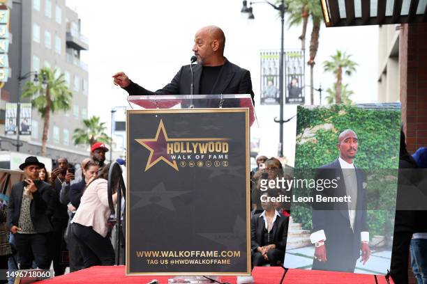 Allen Hughes speaks onstage during the ceremony honoring Tupac Shakur with a posthumous Star on The Hollywood Walk Of Fame on June 07, 2023 in...