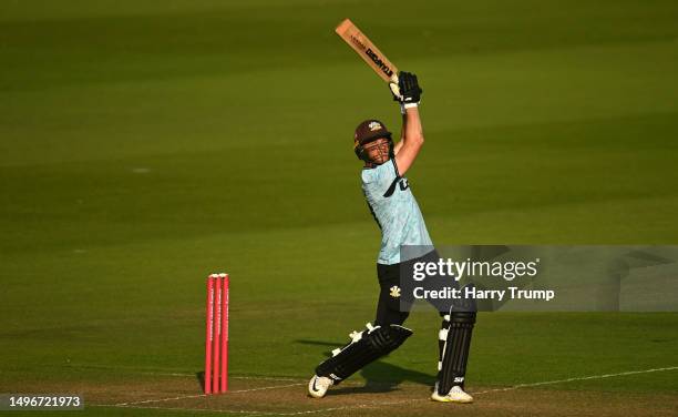 Laurie Evans of Surrey plays a shot during the Vitality T20 Blast match between Glamorgan and Surrey at Sophia Gardens on June 07, 2023 in Cardiff,...