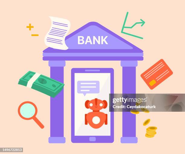 chatbot on mobile phone screen for banking. credit card, magnifying glass, money and coins with bank building - bank account stock illustrations