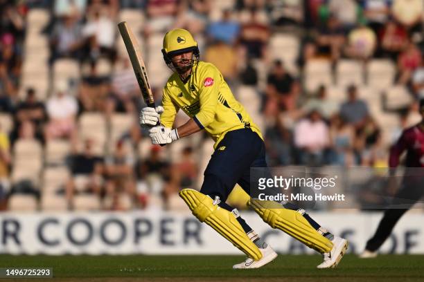 James Vince of Hampshire clips the ball off his legs during the Vitality Blast T20 match between Hampshire Hawks and Somerset CCC at the Ageas Bowl...