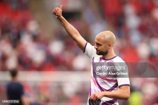 Sofyan Amrabat of ACF Fiorentina gestures to the fans during warm up prior to the UEFA Europa Conference League 2022/23 final match between ACF...