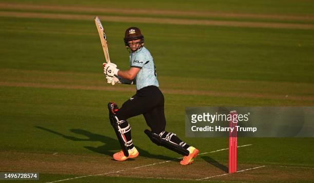 Sam Curran of Surrey plays a shot during the Vitality T20 Blast match between Glamorgan and Surrey at Sophia Gardens on June 07, 2023 in Cardiff,...