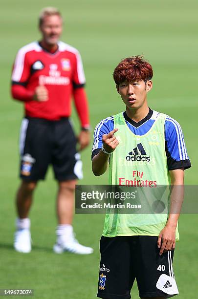 Heung Min Son gestures during the training session of Hamburger SV on August 2, 2012 in Hamburg, Germany.