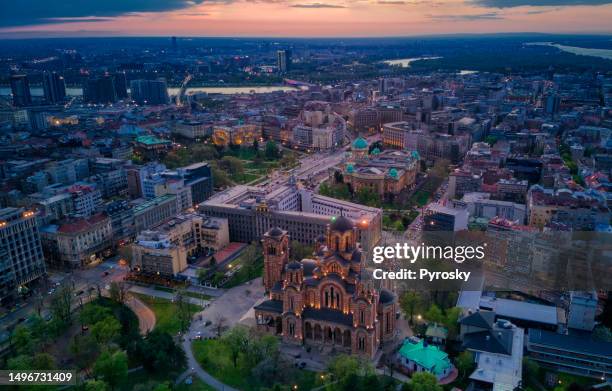 belgrade city skyline at sunset - belgrade skyline stockfoto's en -beelden