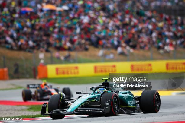 Fernando Alonso of Spain driving the Aston Martin AMR23 on track during the F1 Grand Prix of Spain at Circuit de Barcelona-Catalunya on June 04, 2023...