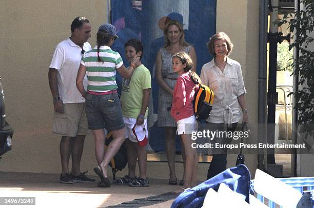 Queen Sofia of Spain and Princess Elena of Spain and her sons Felipe and Victoria Federica are seen in the navy club on August 1, 2012 in Palma de...