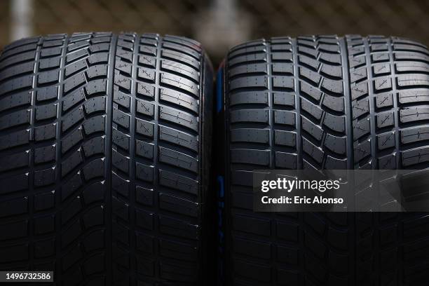 Pirelli rain tyres are seen during the F1 Grand Prix of Spain at Circuit de Barcelona-Catalunya on June 04, 2023 in Barcelona, Spain.